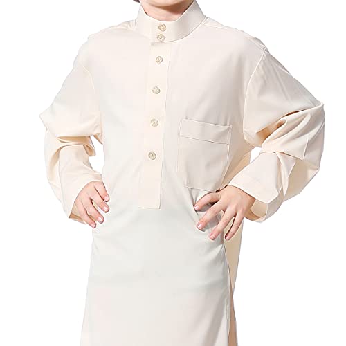 IDOPIP Muslim Thobe for Boys Kids Long Sleeve Islamic Arabic Kaftan Robe Middle East Dubai Prayer Dress Clothes with Pockets - color: Beige, size: 13-14 Years