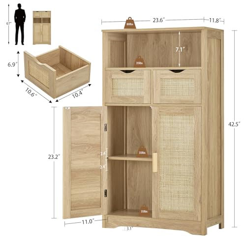 Iwell Storage Cabinet with 2 Drawers & Adjustable Shelves, Rattan Cabinet, Kitchen Pantry Cabinets, Cupboard for Living Room, Kitchen, Home Office, Natural SNG008NR - color: Natural