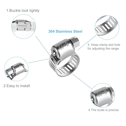 26PCS Stainless Steel Hose Clamps Assortment Kit, 1/4-2 in (6-51 mm) Adjustable Worm Gear Pipe Hose Clamp for Fuel Line, Plumbing, Automotive, Garden, Tube, Radiator, Mechanical Applications