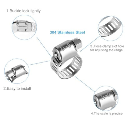 26PCS Stainless Steel Hose Clamps Assortment Kit, 1/4-2 in (6-51 mm) Adjustable Worm Gear Pipe Hose Clamp for Fuel Line, Plumbing, Automotive, Garden, Tube, Radiator, Mechanical Applications