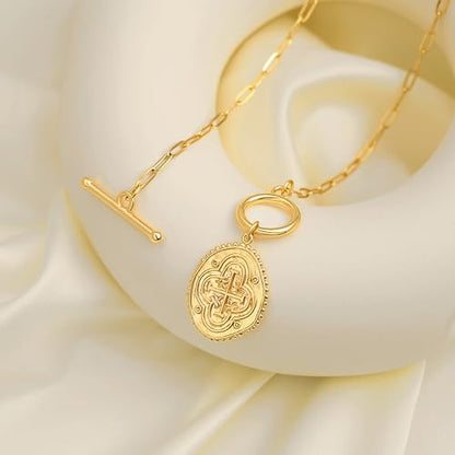 POTESSA 18K Gold Plated Pendant Necklace Medallion Coin Heart Y Shaped Chain Toggle Necklace for Women Jewelry - color: Cross