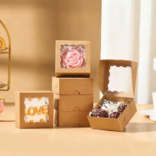 3.2" x3.2" x1.5" 50PCS Mini Bakery Boxes with Window Party Favors&Gifts - color: Brown