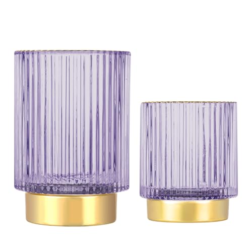 DASITON Makeup Brush holder Organizer,Crystal Cosmetic Makeup Brush Glass Brushes Storage Holder, Vintage Make Up Brush Cup Pen Pencil Holder striped vase(Purple S+L) - color: Purple, size: S+L