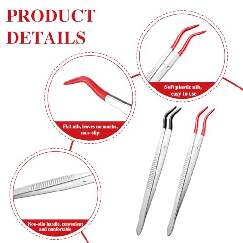 4 PCS Long Craft Tweezers with Rubber Tips Set, Curved Bent and Straight Pvc Coated Non Marring Soft Tweezers for Stamps Beads Coins Stainless Steel Jewelry Tools (Red, Black) 6 Inch