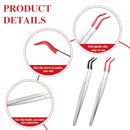 4 PCS Long Craft Tweezers with Rubber Tips Set, Curved Bent and Straight Pvc Coated Non Marring Soft Tweezers for Stamps Beads Coins Stainless Steel Jewelry Tools (Red, Black) 6 Inch