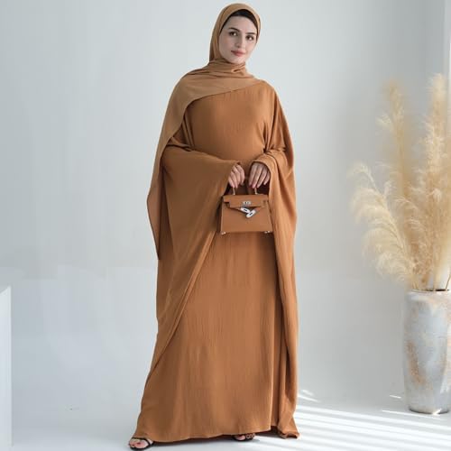 Women Muslim Abaya Dress 1Piece Bat Sleeve Islamic Maxi Robe Fashion Jilbab for Women Eid Kaftan Muslim Robe - color: Camela, size: Large