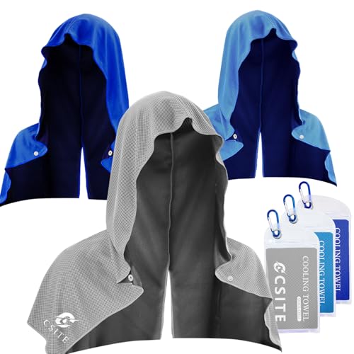 CSITE 3 Pack Cooling Hoodie Towels for Neck and Face, UPF 50 Sun Protection & Instant Cooling, Ice Towels for Hot Weather, Soft Breathable Towel for Sport, Work Out, Gym, Camping & More Activities - color: Gray/Light Blue/ Royalblue