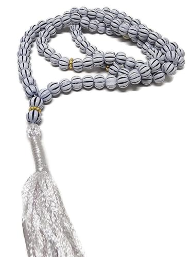 Islam Tasbih 99 Beads Muslim Misbaha Subha Rosary AMN-410 Islamic Prayer dhikr with Decorated Tassels Eid Ramadan Praying Religious Gift (White)