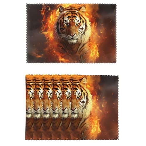 Placemat Set of 6 One Size Place Mats Heat Resistant Table Mats Cool Tiger in Flame Place Mat Non-Slip Placemats for Kitchen Desktop Protection Mat for Dining Table - color: Cool Tiger in Flame