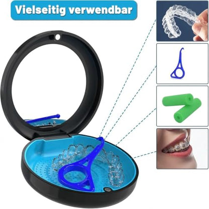 BVN Retainer Case with Mirror, Orthodontic Dental Case for Braces, Mouth Guard, Dentures, Teeth Aligner, Night Guard Container Storage Holder Black - size: Circular case with mirror