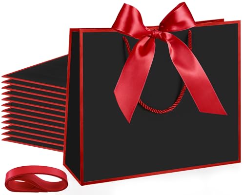 Silkfly 12 Pcs Paper Gift Bags with Handles & Bow Ribbon, Black, Red - color: Black, Red