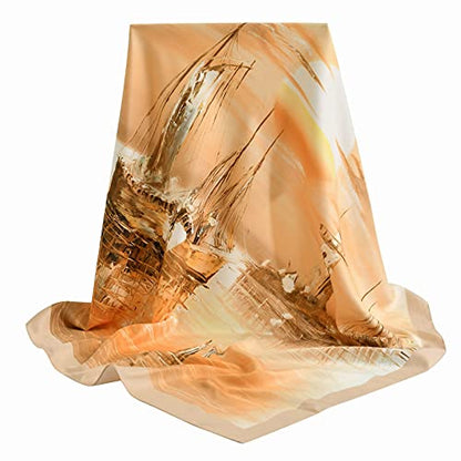 100% Mulberry Silk Scarf-Printed or Solid Color 35” Square Large Silk Hair Head Wrap Scarf With Gift Box Package - color: M9 Pattern: Sailing in the Sea