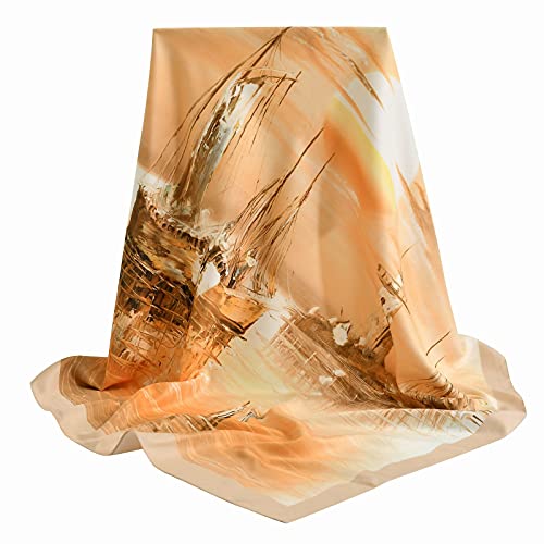 100% Mulberry Silk Scarf-Printed or Solid Color 35” Square Large Silk Hair Head Wrap Scarf With Gift Box Package - color: M9 Pattern: Sailing in the Sea