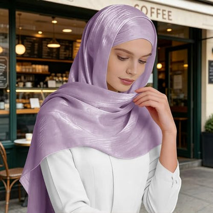 Premium Hijab Head Scarf for Women Lightweight Shimmer Hijab Head Wrap Scarves Crepe Satin Scarf Shawl Wrap - color: Light Purple