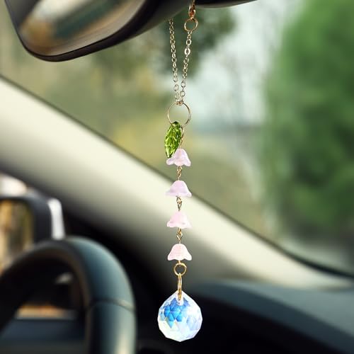 Car Rear View Mirror Accessories Cute Hanging Ornament, Pink Lily of The Valley Boho Rearview Decor Charm Handmade Glass Ball Beads Flower Swinging Interior Decor for Women Men - color: Pink Lily