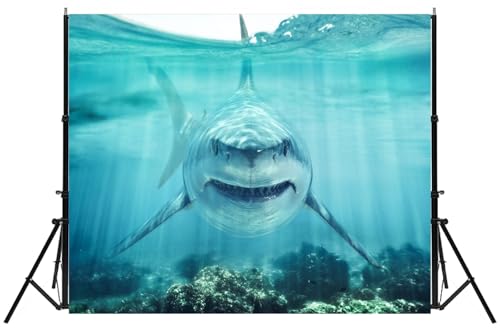 7x5ft Shark Underwater Backdrop, White Shark Ocean Theme Party Decorations, Under The Sea Birthday Banner, Aquarium Background, Kids Photo Booth Props - size: 7X5FT