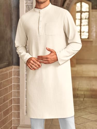 Gafeng Mens Kaftan Robe Button Down Long Sleeve Henley Cotton Thobe Casual Side Split Gown Shirt - color: Beige, size: X-Large