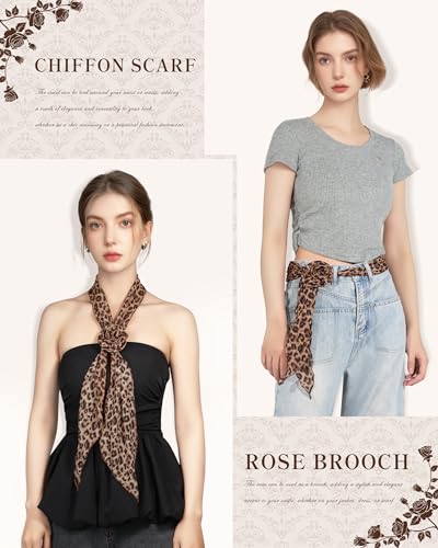 Chiffon Scarf for Women, Removable Flower Neck Scarf Light Soft Fashion Rose Scarves Versatile Headband or Hair Band - color: Leopard Brown