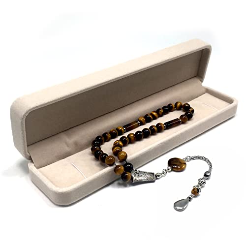 Design -Tiger Eye Stone Series Worry Beads - Prayer Beads - Tesbih-Tasbih-Tasbeeh-Misbaha-Masbaha-Subha-Sebha-Sibha-Rosary (Tiger Eye Natural Stone -8 mm 33 Beads & Drop Tassel) - color: Tiger Eye Natural Stone -8 Mm 33 Beads & Drop Tassel