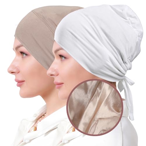 Women Under Hijab Cap Islamic Underscarf Turbans for Women Solid Color Hijab Bonnet Caps Muslim Scarf Inner Cap - color: White+light Khaki