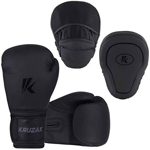 Kruzak Matte Black Boxing Gloves and Pads, Boxing Gloves Training Set for Kickboxing and Muay Thai MMA Training - Boxing Kit for Adults with Punching Pads for Martial Arts and Karate - size: 14 oz