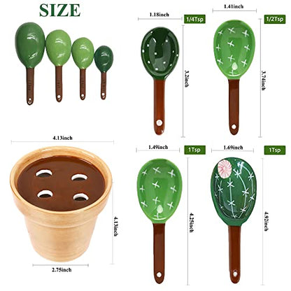 5 Pieces Measuring Spoons Set/Ceramics Spoons and Measuring Base Cup/for Dry and Liquid Ingredient, Cute Cactus Shape (Solid color base) - color: Solid color base