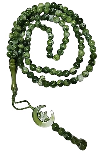 Islam Prayer Tasbih 99 Beads AMN-303 Muslim 8 mm. Rosary Bead Moon Star Decorated Tassels Haj Eid Ramadan Gift (Green) - color: Green