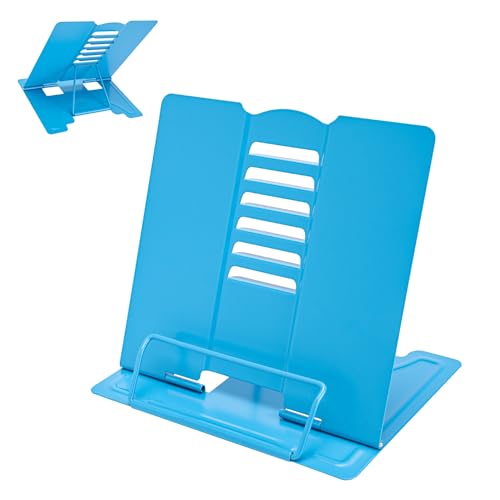 Metal Book Stand Adjustable Book Holder for Reading | Portable & Sturdy For Textbooks Cookbooks Sheet Music Papers Study - color: Sky Blue