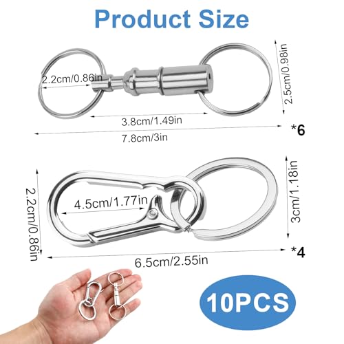 10 Pcs Quick Release Keychain and Key Rings, Stainless Steel Detachable Carabiner Clips Set with 360° Swivel Lock System, Men Women Car Keys Auto Enthusiasts Mechanics DIY Crafts Accessories (Silver)