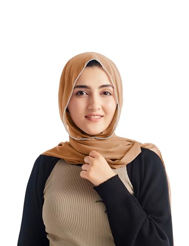 Hijab for Women Premium Chiffon Hijab Rhinestone Hijab Scraf for Women Muslim - color: Khaki