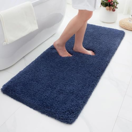 Bathroom Rugs Non Slip Washable 70x24, Ultra Thick Soft Microfiber Absorbent Bath Mats, High Density Foam Latex Non Slip Backing Bath Rugs, Fluffy Floor Carpet for Tub&Shower, Navy - color: Navy Blue, size: 70" X 24"(Bathroom Rug)