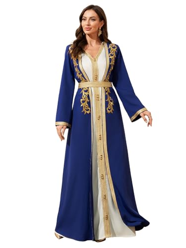 Elegant Muslim Dress with Gold Embroidered Evening Gown, Traditional Islamic Attire - color: Royal Blue, size: X-Small