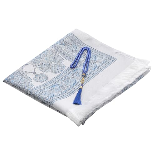 Muslim Prayer Rug and Beads with Portable Bag, Muslim Gifts for Women Men, Janamaz, Sajadah, Soft Mat Islam Gifts Set, Turkish Sajadah for Ramadan, Eid, Hajj, Travel, Pray - color: Blue