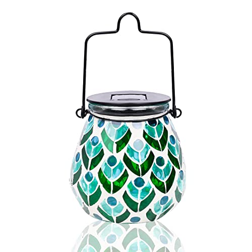 Outdoor Solar Lantern Waterproof Mosaic Glass Hanging Garden Light Floral - color: Peacock