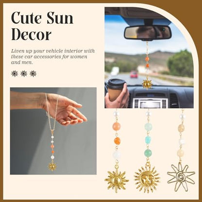3 Pack Sun Rear View Mirror Hanging Accessories, Hanging Sun Charm with Healing Crystal, Boho Car Charms, Healing Mirror Decor Cute Accessories for Women (Retro)