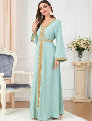 FYMNSI Women Muslim Abaya Dress Islamic Dubai Modest Lace Belted Dress Abayas Kaftan Eid Prayer Clothes Arabian Maxi Robe - color: Green, size: Small