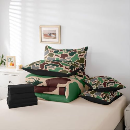 Erosebridal Camo King Comforter Set with Sheets 7 Piece Deer Hunting Bed in A Bag Army Green Military Camouflage Bedding Sets Rustic Country Wildlife Bed Set - color: Army Green Brown, size: King