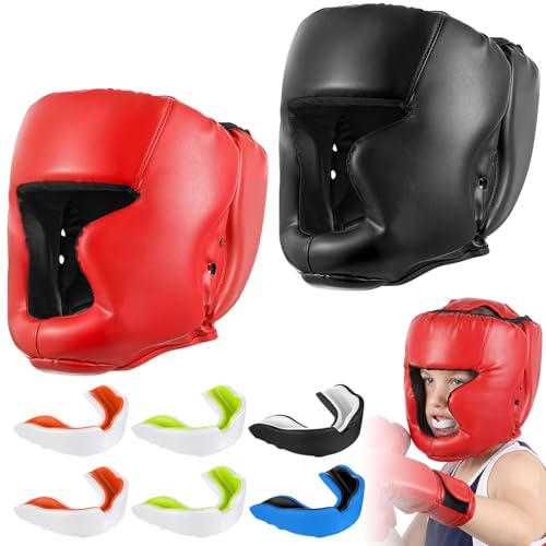 8 Pcs Kids Boxing Training Set - 2 Adjustable Headgear Helmets & 6 EVA Mouthguards for MMA, Muay Thai, Kickboxing - Beginner Sparring Gear