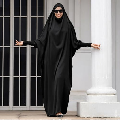 IDOPIP Muslim Abaya for Women One Piece Long Sleeve Islamic Prayer Dress with Hooded Hijab Maxi Kaftan Robe Modest Clothes - color: Black