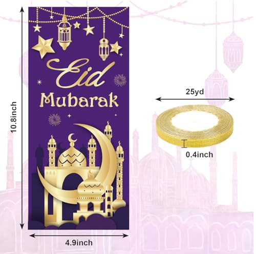 Whaline 100 Pcs Eid Mubarak Cellophane Bags with Ribbon Ramadan Plastic Treat Bags Purple Gold Candy Goodie Bag for Islamic Muslim Party Snack Cookie Packing Supplies - color: Purple Gold