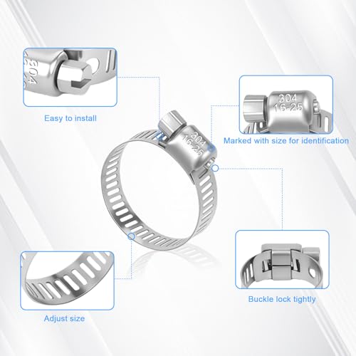 40Pcs Hose Clamps,Stainless Steel Hose Clamp Assortment Kit, 1/4" to 1-1/2" (6–38mm) Adjustable Worm Gear Pipe Hose Clamp For Fuel Line，Plumbing, Applications, Tube, Garden