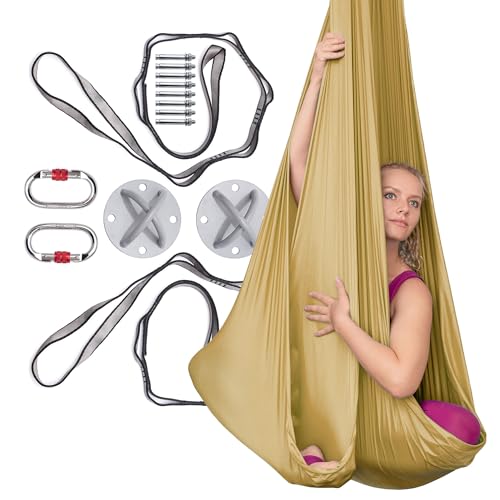 AyuHome Aerial Silks Kit for Home - Premium Yoga Swing for Adults with 660 lbs Capacity - Versatile Aerial Yoga Hammock for Gymnastics Training - color: Aerial silk - Gold - New