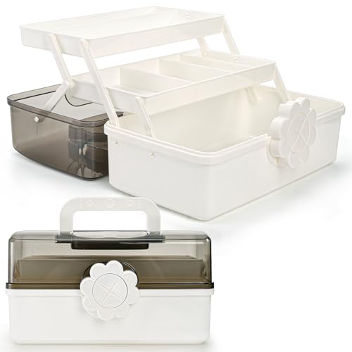 ZOOFOX Three-Layer Plastic Dividing Storage Box, Folding Tool Box Organizer with 2 Trays, Multipurpose Home Utility Case for Medicine, Sewing, Hair Accessories and Cosmetic