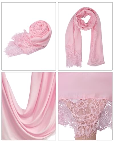 JUMISEE Elegant Floral Lace Hijab Scarf for Women Soft Cotton Head Wrap Instant Hijab Long Scarves Evening Dress Shawl - color: Pink