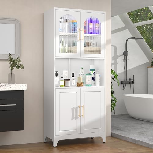SteeLoong Metal Kitchen Pantry Storage Cabinet，75" Tall Storage Cabinets with 4 Doors and Adjustable Shelves ，White Hutch Cabinet with Microwave Stand,Large Kitchen Cupboard for Dining Room