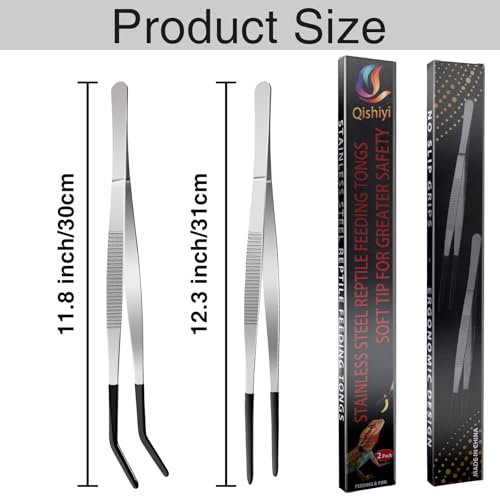 Extra Long Feeding Tongs with Rubber Cover Tips,2PCS 11.8" Stainless Steel Long Tweezers for Fish Tank,Terrarium,Reptile, Bearded Dragon(Straight and Curved Tweezers） (Silver, 11.8inch)