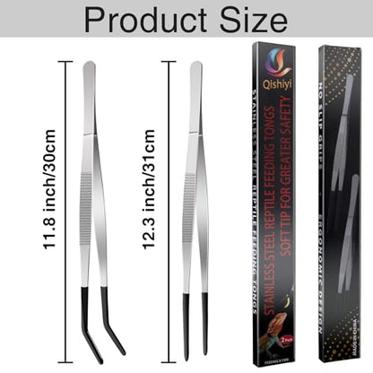 Extra Long Feeding Tongs with Rubber Cover Tips,2PCS 11.8" Stainless Steel Long Tweezers for Fish Tank,Terrarium,Reptile, Bearded Dragon(Straight and Curved Tweezers） (Silver, 11.8inch)