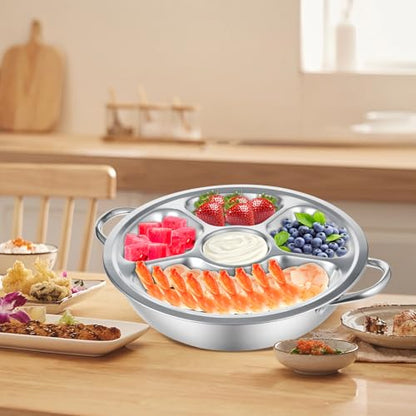2 Set Shrimp Cocktail Serving Dish 11 Inch Stainless Steel Dip Chiller Serving Bowl, 2 5-Section Chilled Food Trays 2 Round Plate with Handle for Dinner Buffet Seafood Oysters Crawfish Veggie Fruit