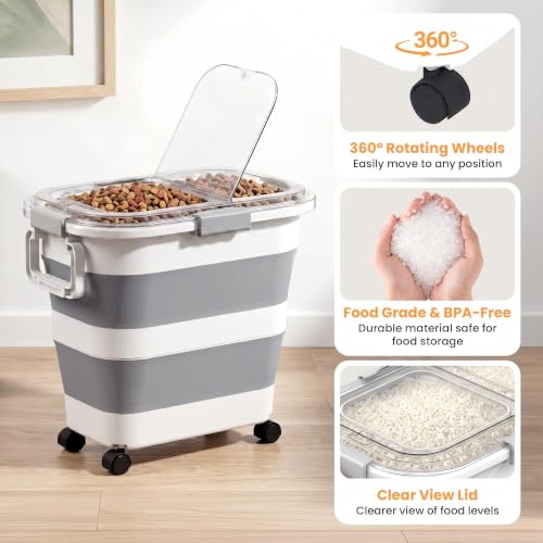 30 Lbs Rice Storage Container with Wheels, Collapsible Airtight Dog Food Storage Container with Transparent Lid, Measuring Cup, Scoop, Handle, BPA Free Rice Holder for Pet Food, Grain, Bird Seed - color: Grey/25-30lbs
