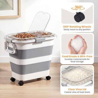 30 Lbs Rice Storage Container with Wheels, Collapsible Airtight Dog Food Storage Container with Transparent Lid, Measuring Cup, Scoop, Handle, BPA Free Rice Holder for Pet Food, Grain, Bird Seed - color: Grey/25-30lbs